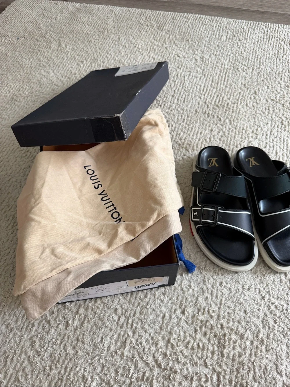 Louis Vuitton Black & White Buckle Slide Sandals